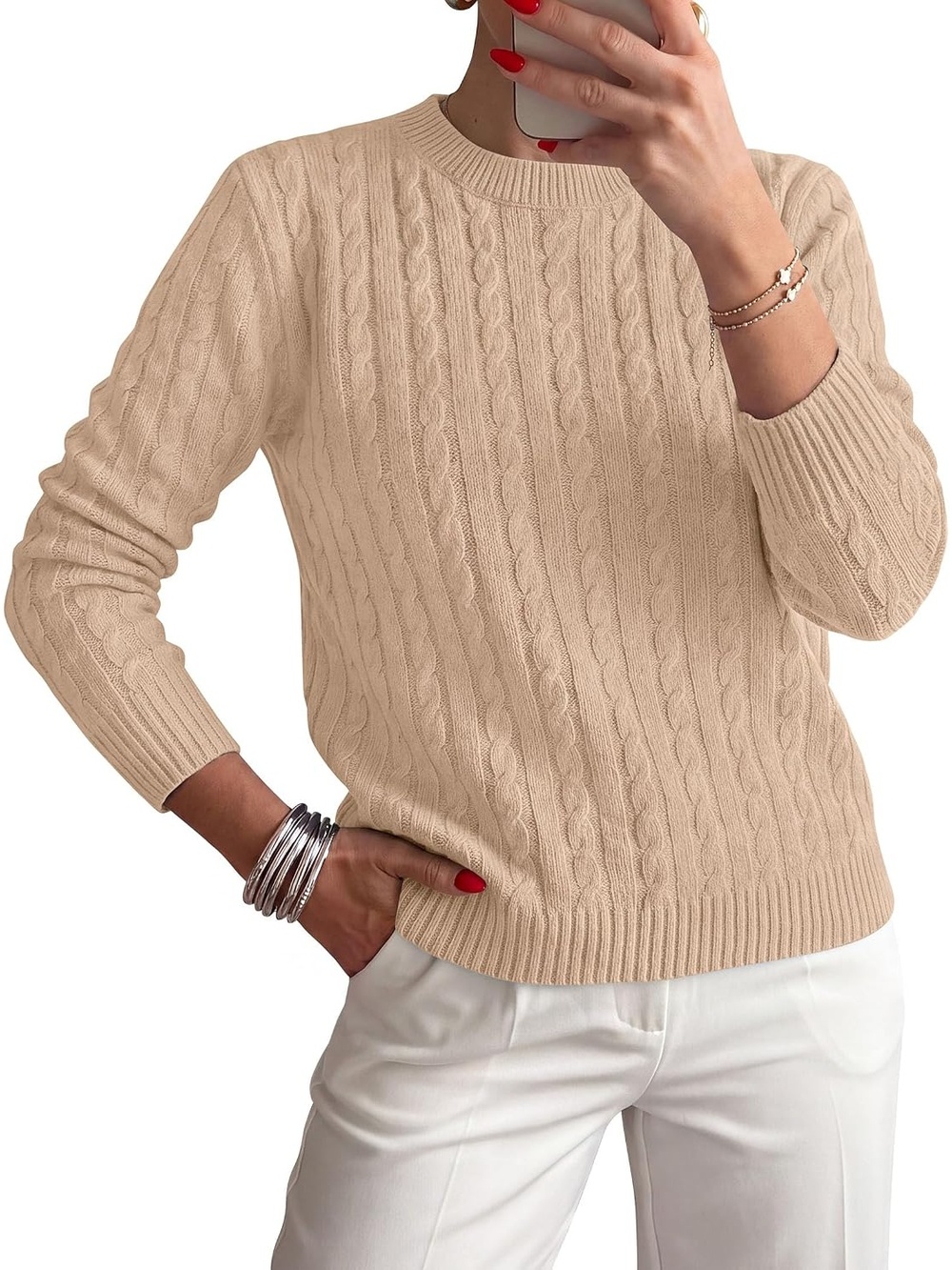 🆕 Women's Khaki Long Sleeve Crewneck Cable Knit Cozy Warm Pullover Sweater
